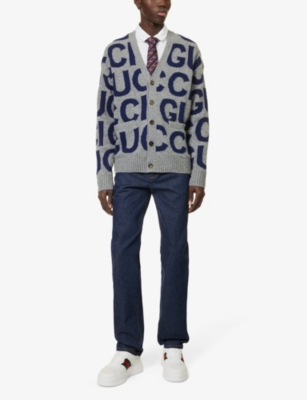 Shop Gucci Mens Grey/blue Logo-intarsia Relaxed-fit Wool-knit Cardigan In Multi-coloured