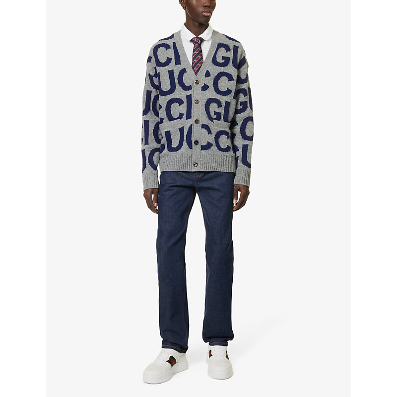 Shop Gucci Men's Grey/blue Logo-intarsia Relaxed-fit Wool-knit Cardigan In Multi-coloured