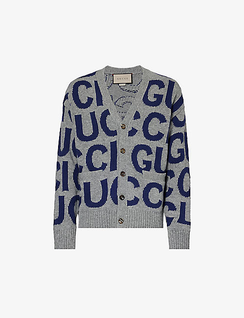 GUCCI: Logo-intarsia relaxed-fit wool-knit cardigan