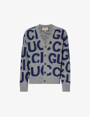 Shop Gucci Mens Grey/blue Logo-intarsia Relaxed-fit Wool-knit Cardigan In Multi-coloured