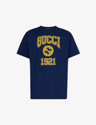 Shop Gucci Men's Inchiostro/mc Logo-print Crewneck Cotton-jersey T-shirt
