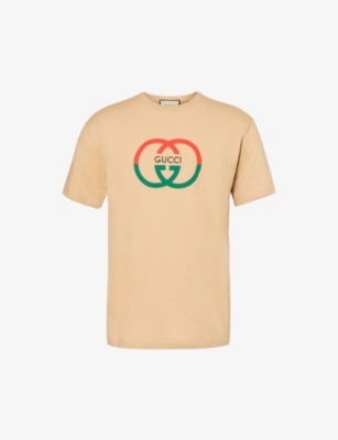 Shop Gucci Men's Camel/mc Logo-print Ribbed-trim Cotton-jersey T-shirt