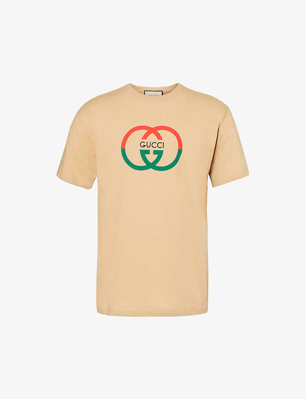 Shop Gucci Mens Camel/mc Logo-print Ribbed-trim Cotton-jersey T-shirt
