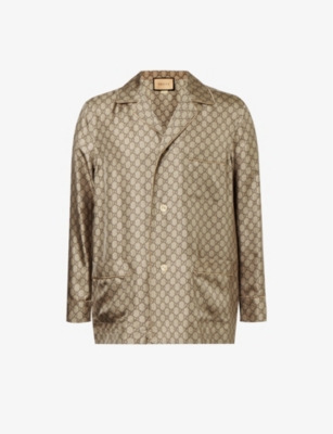 Shop Gucci Mens Beige/ebony/mc Monogram-print Relaxed-fit Silk Shirt In Brown