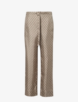 Gucci Monogram-patterned Wide-leg Relaxed-fit Silk Trousers In Beige/ebony/mc