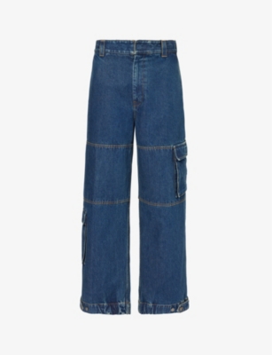 Shop Gucci Men's Blue/mix Cargo Wide-leg Relaxed-fit Jeans