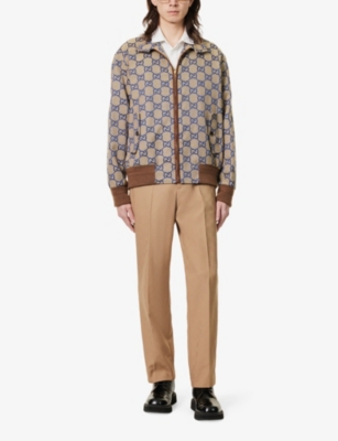 Shop Gucci Men's Beige/blue/mix Monogram-pattern Relaxed-fit Cotton-blend Jacket