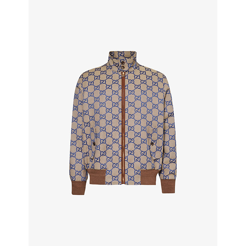 Gucci Monogram-pattern Relaxed-fit Cotton-blend Jacket In Beige/blue/mix