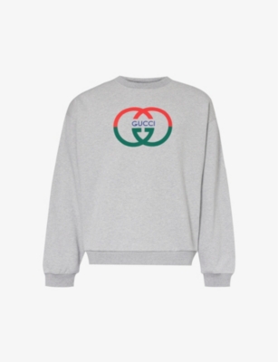 Shop Gucci Men's Grey Melange/mc Interlocking G-print Crewneck Cotton-jersey Sweatshirt