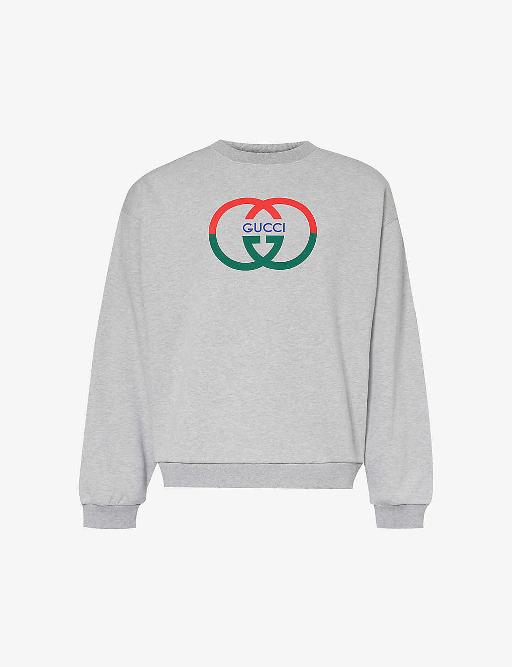 Shop Gucci Men's Grey Melange/mc Interlocking G-print Crewneck Cotton-jersey Sweatshirt