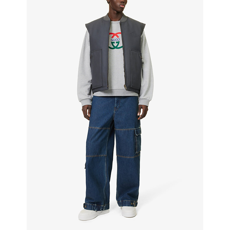Shop Gucci Brand-print Brand-embossed Regular-fit Cotton-canvas Down Gilet In Stone Mid Grey