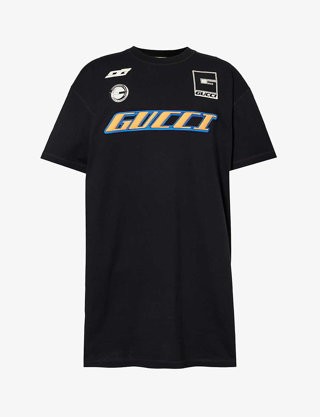 Shop Gucci Men's Black/multicolor Brand-appliqué Longline Cotton-jersey T-shirt