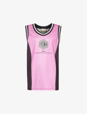 Gucci Brand-print Relaxed-fit Jersey Top In Pink/black/mc