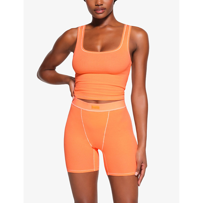 Shop Skims Women's Apricot Cotton Rib Logo-waistband Stretch-cotton Boxer Shorts