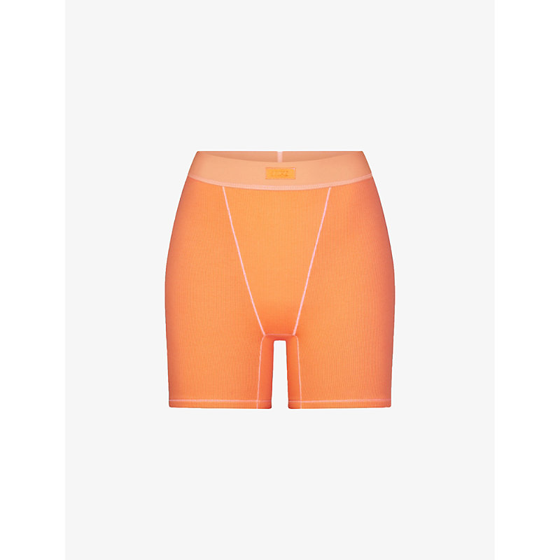 Shop Skims Women's Apricot Cotton Rib Logo-waistband Stretch-cotton Boxer Shorts