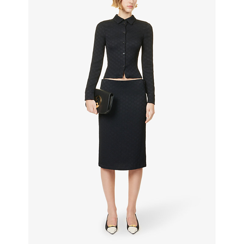 Shop Gucci Women's Black Monogram-pattern Slim-fit Stretch-woven Blouse