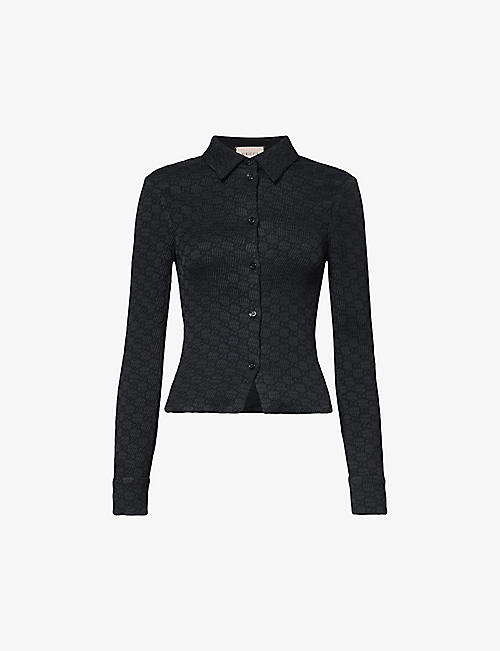 GUCCI: Monogram-pattern slim-fit stretch-woven blouse