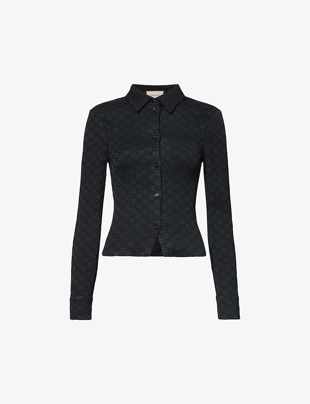 Gucci Womens Black Monogram-pattern Slim-fit Stretch-woven Blouse