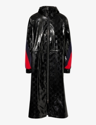 Gucci Womens Black Mix Monogram-pattern Side-stripe Shell Coat In Black Mix