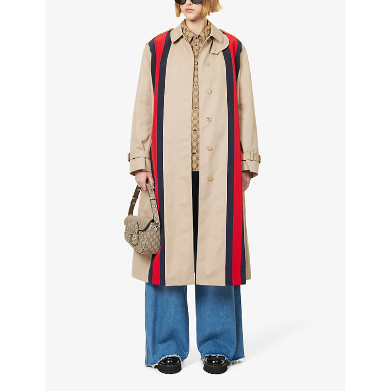 Shop Gucci Womens Light Camel Mix Striped-trim Relaxed-fit Cotton-blend Coat