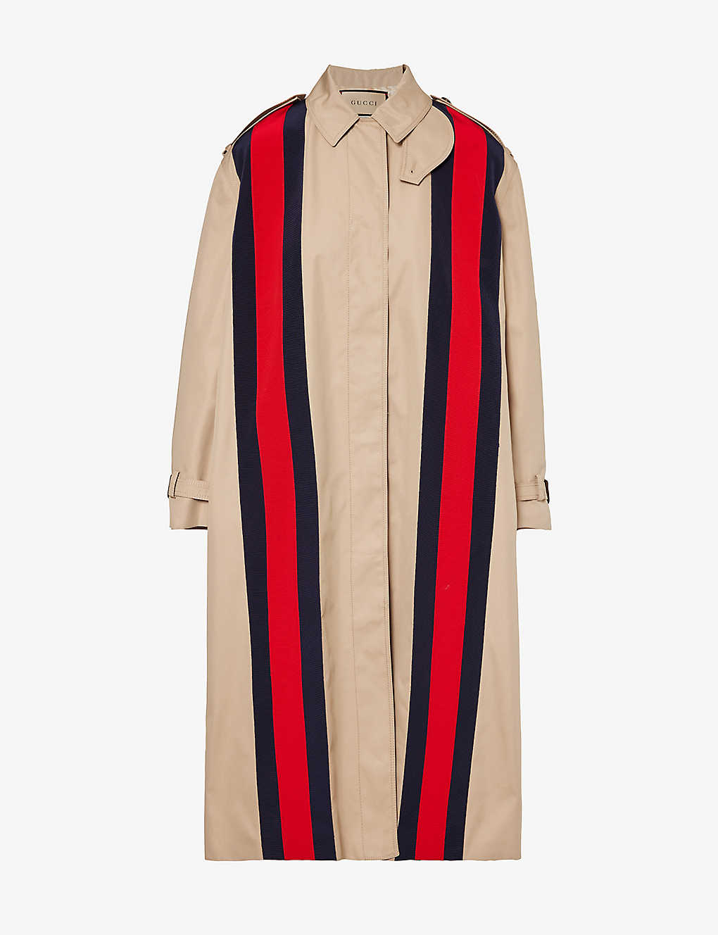 Gucci Womens Light Camel Mix Striped-trim Relaxed-fit Cotton-blend Coat