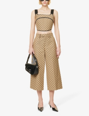 Shop Gucci Women's Camel Ebony Mc Monogram-pattern Cropped Cotton-blend Top