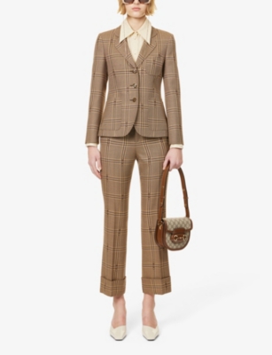 Shop Gucci Women's Beige Brown Single-breasted Checked Wool Blazer