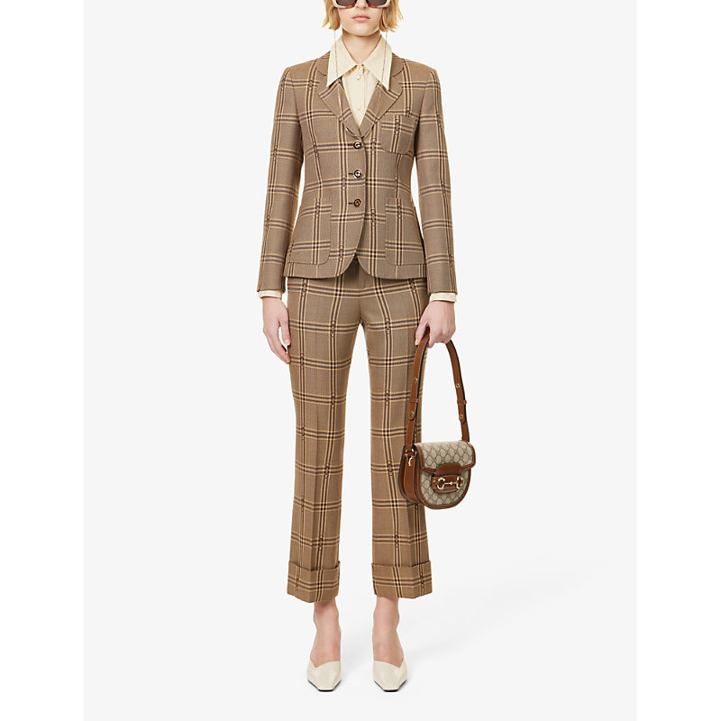 Shop Gucci Single-breasted Checked Wool Blazer In Brown