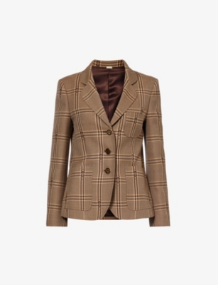 Gucci Womens Beige Brown Single-breasted Checked Wool Blazer