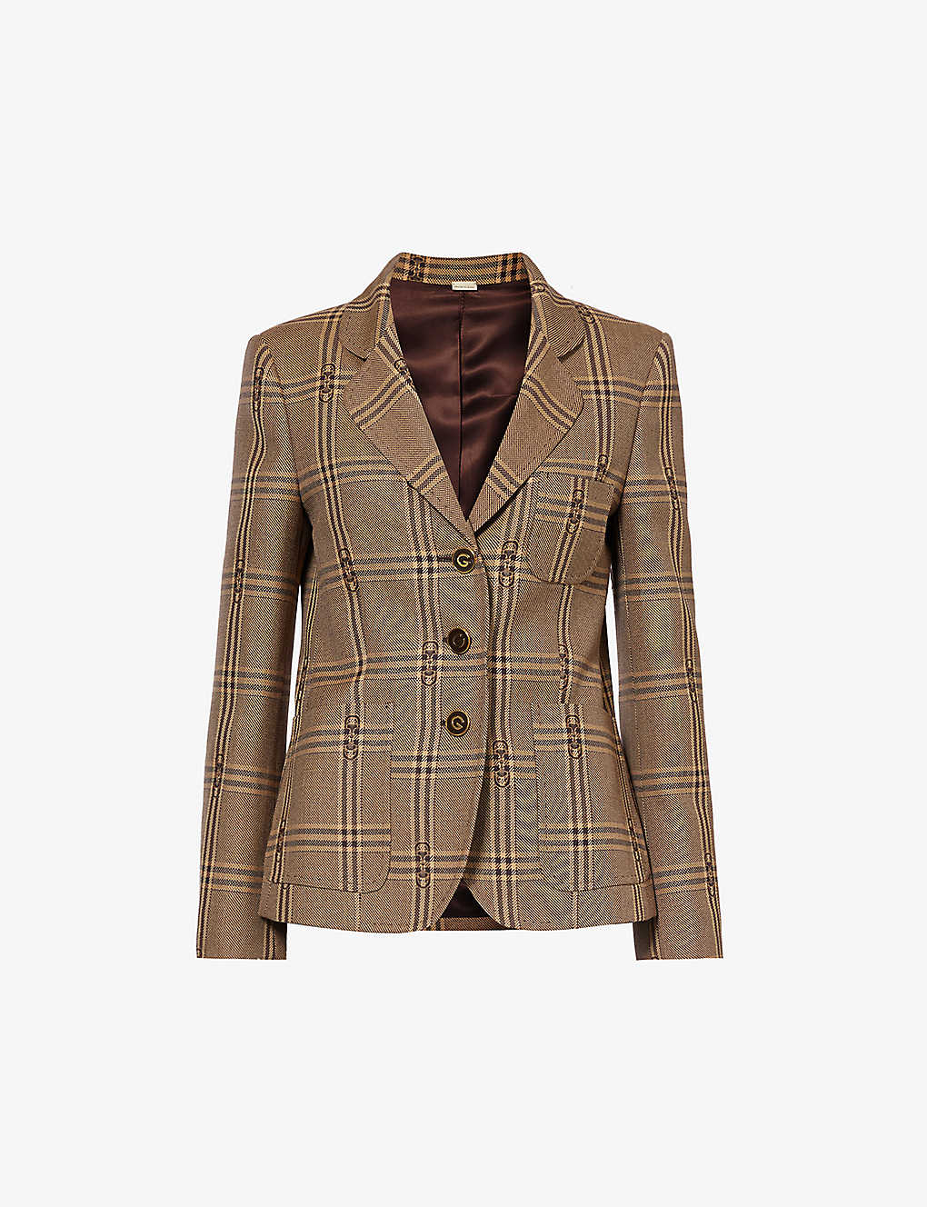 Gucci Womens Beige Brown Single-breasted Checked Wool Blazer