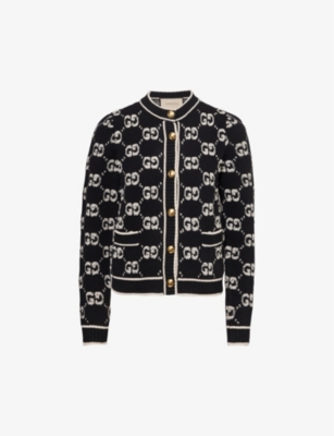 Shop Gucci Women's Black Ivory Gg Monogram Round-neck Wool Cardigan