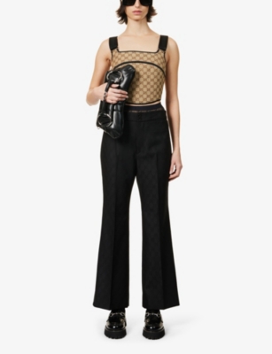 Shop Gucci Women's Black Brand-print Flared-leg Mid-rise Wool Trousers