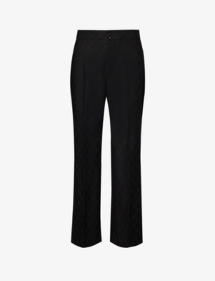 Gucci Womens Black Brand-print Flared-leg Mid-rise Wool Trousers