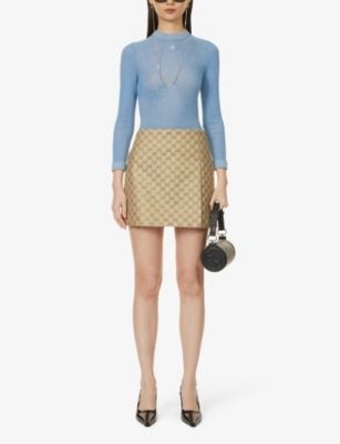 Shop Gucci Women's Gold Monogram-pattern Mid-rise Cotton-blend Mini Skirt