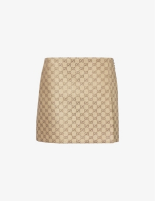 Shop Gucci Women's Gold Monogram-pattern Mid-rise Cotton-blend Mini Skirt