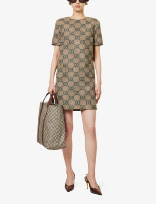 Shop Gucci Women's Beige Green Mc Monogram-pattern Wool Mini Dress