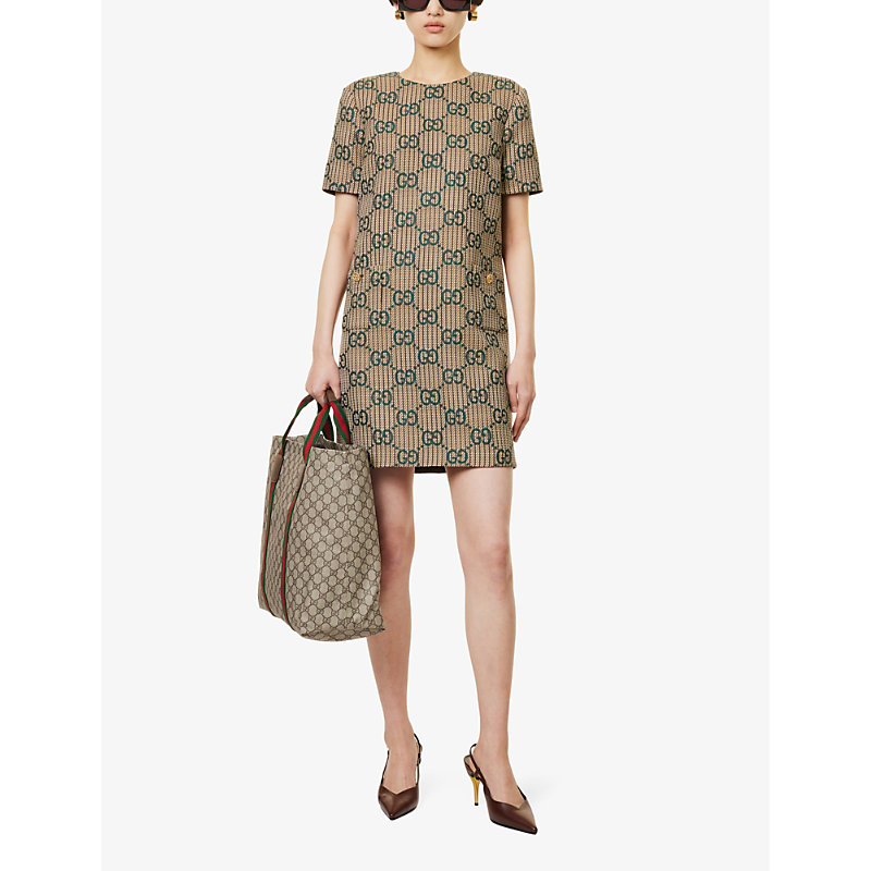 Shop Gucci Monogram-pattern Wool Mini Dress In Beige Green Mc