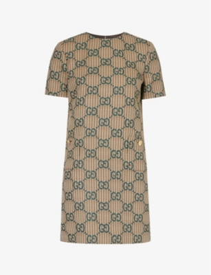 Shop Gucci Monogram-pattern Wool Mini Dress In Beige Green Mc