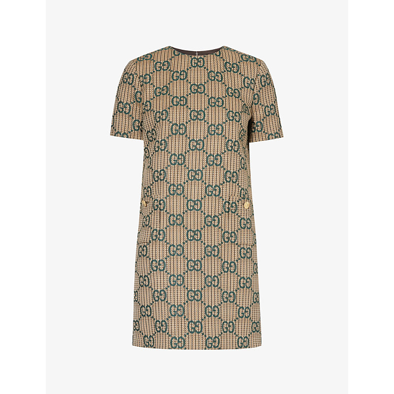 Shop Gucci Womens Beige Green Mc Monogram-pattern Wool Mini Dress