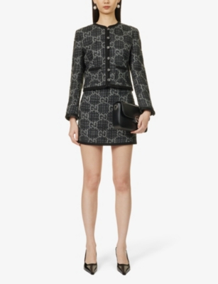 Shop Gucci Monogram-pattern Bouclé-texture Wool And Cotton-blend Jacket In Dark Grey Grey Mix