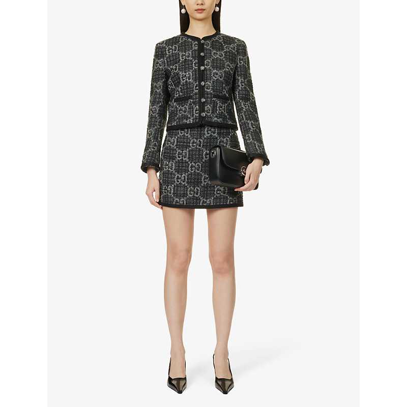 Shop Gucci Monogram-pattern Bouclé-texture Wool And Cotton-blend Jacket In Dark Grey Grey Mix