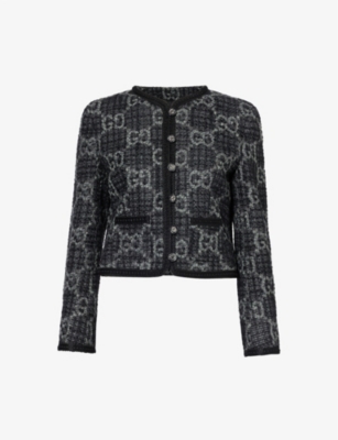 Shop Gucci Monogram-pattern Bouclé-texture Wool And Cotton-blend Jacket In Dark Grey Grey Mix