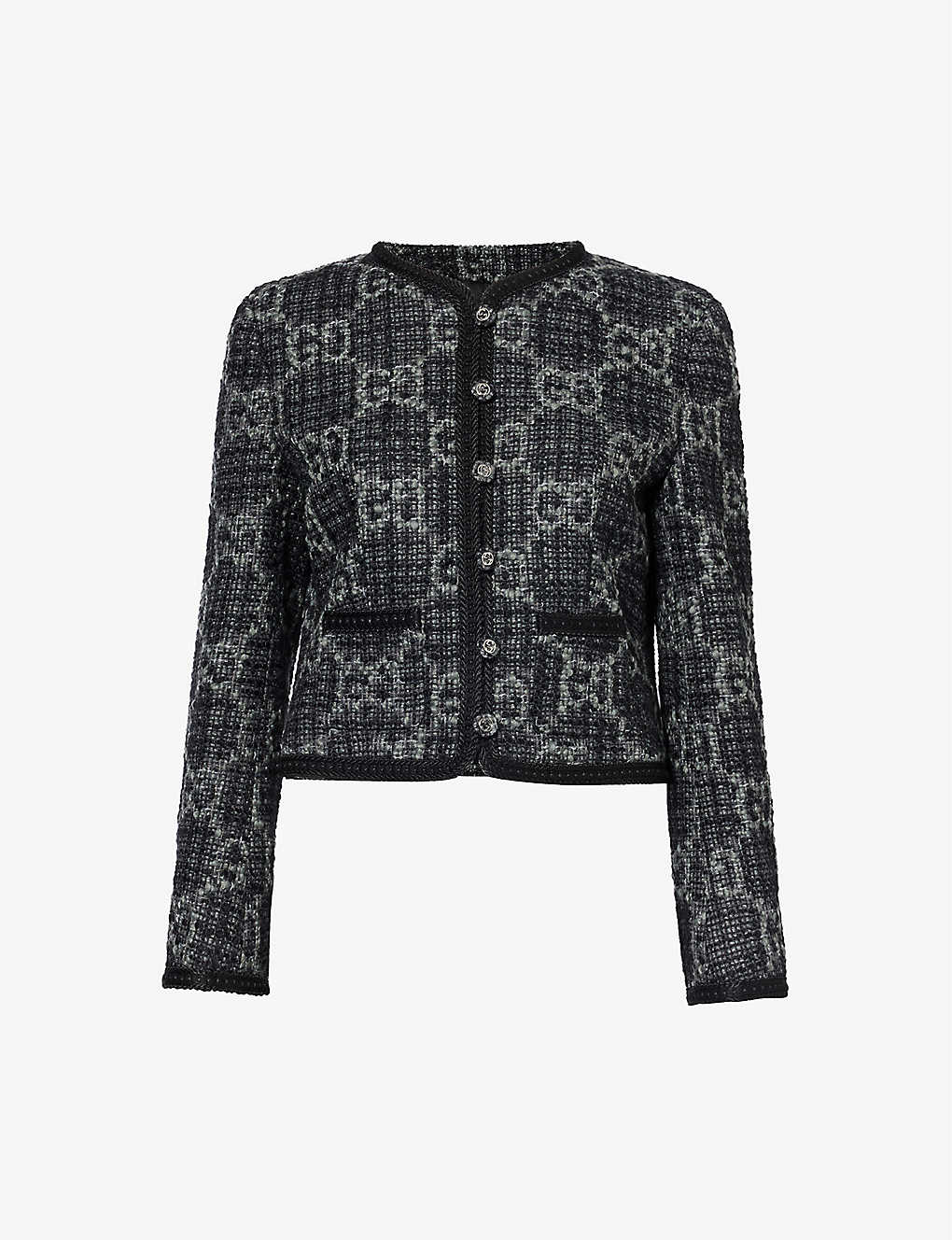 Shop Gucci Women's Dark Grey Grey Mix Monogram-pattern Bouclé-texture Wool And Cotton-blend Jacket
