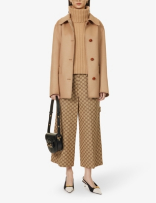 Shop Gucci Women's Camel Brown Collar Raw-hem Wool And Silk-blend Coat