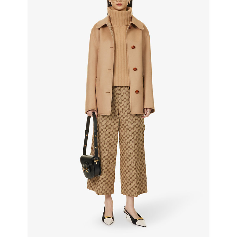 Shop Gucci Womens Camel Brown Collar Raw-hem Wool And Silk-blend Coat