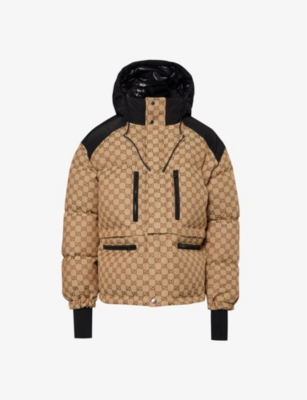 Gucci Womens Camel Ebony Mix High-neck Monogram-pattern Cotton-blend Down Jacket In Brown