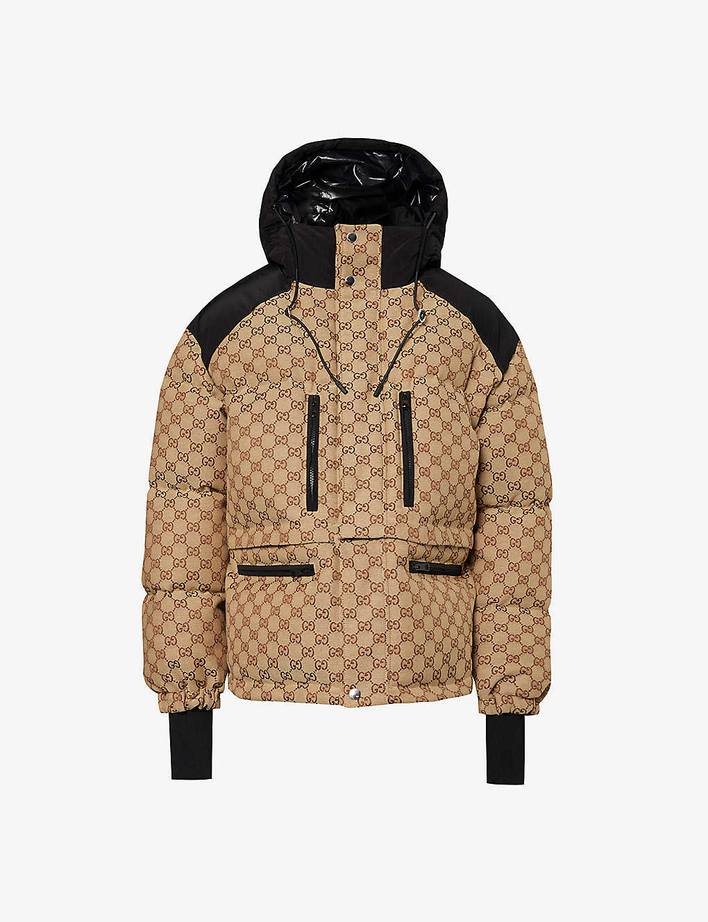 Gucci Womens Camel Ebony Mix High-neck Monogram-pattern Cotton-blend Down Jacket In Brown
