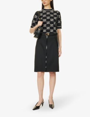 Shop Gucci Women's Black Detachable-belt Mid-rise Slim-fit Stretch-wool Midi Skirt