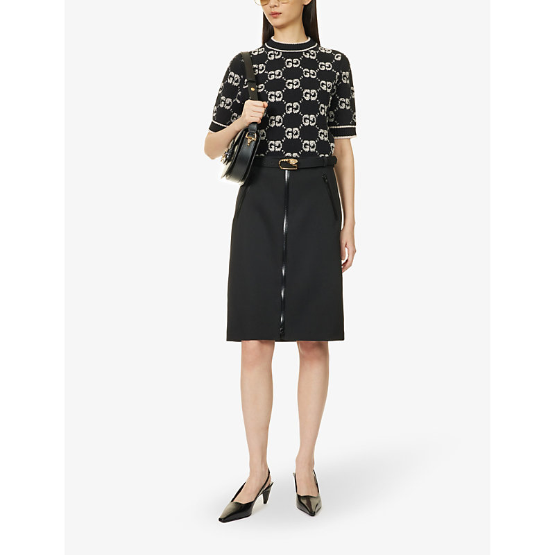 Shop Gucci Womens Black Detachable-belt Mid-rise Slim-fit Stretch-wool Midi Skirt
