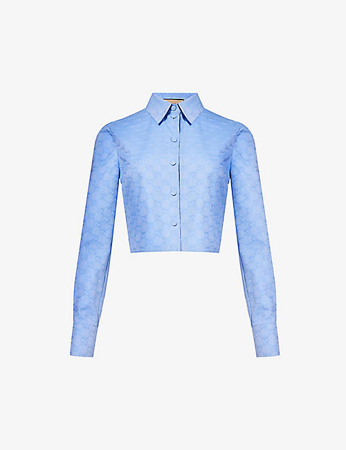 GUCCI: Brand-pattern cropped regular-fit cotton Oxford shirt